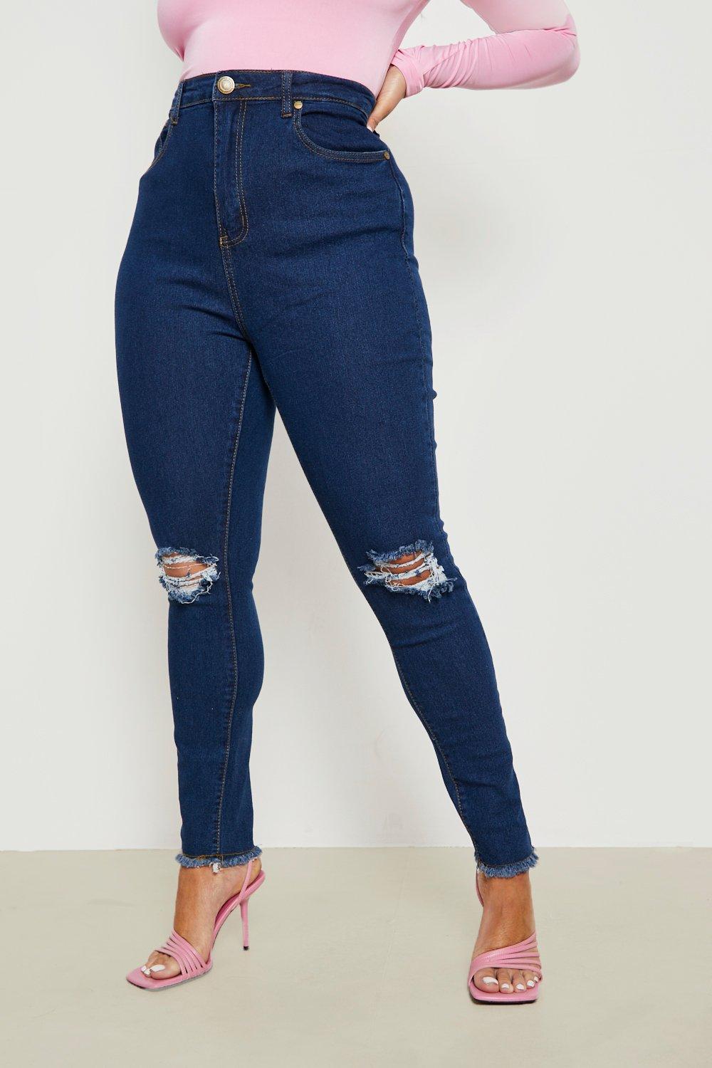 Plus Denim Rip Knee Frayed Hem Skinny Jeans boohoo